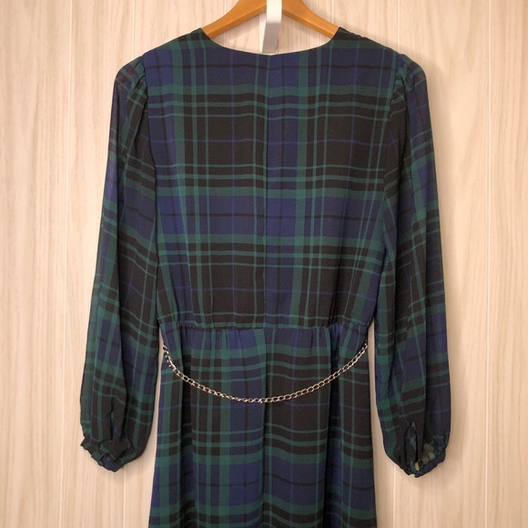 A New Day Long Sleeve Flowly Dress Size Medium Tartan Plaid Pattern Chain Belt - Picture 9 of 10